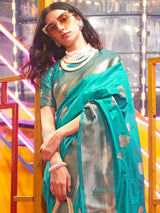 Women's Silk Blend Light Blue Woven Design Designer Saree With Blouse Piece