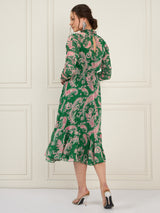 Women's Green Floral Printed Chiffon High Neck Fit & Flare Midi Dress