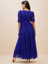 Women's Cobalt Blue Embellished Puff Sleeves Chiffon Fit and Flare Maxi Dress