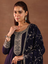Women's Purple Floral Zari Embroidered Kurta With Solid Trouser and Dupatta