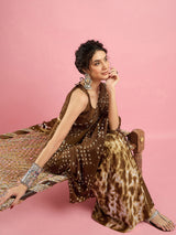Women's Crepe Brown Printed Designer Saree with Blouse Piece