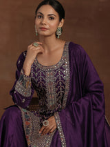 Women's Purple Ethnic Motif Zari Embellished Short Kurta With Palazzos and Dupatta