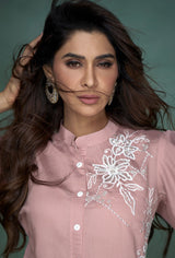 Women's Pink Work Regular Fit Embroidered Three Quarter Sleeves Co-Ord Sets