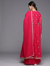 Women's Hot Pink Georgette Embroidered High Slit Kurta With Palazzo and Dupatta