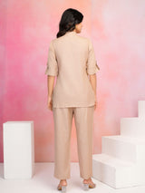 Women's Beige Cotton Flex Co-Ord Set with Mandarin Collar & Stitched Button Details