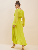 Women's Lime Green Crop Top With Accordion Pleated Overlap Assymetric Skirt