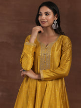 Women's Mustard Zari Embroidered Floral a-line Kurta With Palazzo and Dupatta