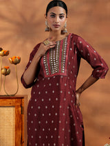 Women's Brown Ethnic Motif Kurta With Solid Trouser and Floral Printed Dupatta