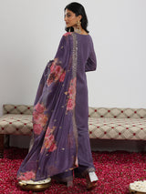 Women's Purple Floral Zari Embroidered Kurta With Palazzo and Printed Dupatta
