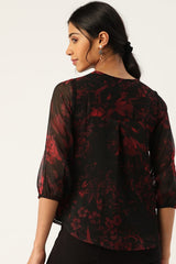 Women's Black Floral Print Tie-Up Neck Top