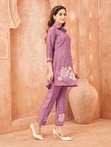 Women's Lavender and Cream Embroidered Chinon Co-Ord Set with Bold Floral Patchwork