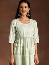 Women's Green Chevron Embroidered A-line Tunic With Embroidered Wide Leg Palazzo