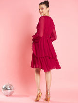 Women's Red Embellished Bell Sleeve Laye Chiffon Fit & Flare Party Dress