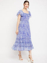 Women's Blue Square Neck Abstract Printed Tie Embellished Chiffon Fit & Flare Midi Dress