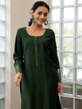 Women's Dark Green Panelled Kurta With and Trouser With Embroidered Hem & Dupatta
