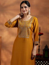 Women's Yellow Zari Embroidered Paisley Kurta with Solid Trouser and Poly Chiffon Self Design Dupatta