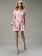 Women's Pink Casual A-Line Checked Dress