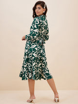 Women's Green Geometric Printed Shirt Midi Dress