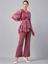 Women's Onion Pink Floral Printed V-Neck Tunic With Trousers