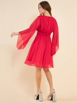 Women's Red V-Neck Fla Sleeve Sequinned Fit & Flare Dress