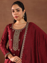 Women's Red Ethnic Motif Embroidered Straight Kurta with Solid Trouser and Embellished Dupatta