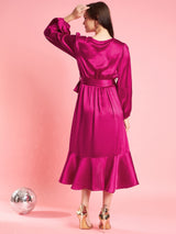 Women's Pink Puff Sleeve Laye Satin Wrap Midi Opaque Party Dress