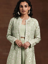 Women's Green Solid Crop Top with Solid Wide Leg Palazzos and Floral Embroidered Long Shrug