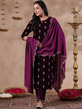 Women's Ethnic Velvet Purple Straight Kurta Set with Dupatta