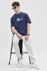 Men's Navy Casual Oversized Fit Printed Half Sleeves Tshirt