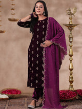 Women's Ethnic Velvet Purple Straight Kurta Set with Dupatta
