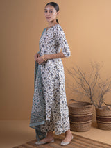 Women's White Cotton Printed Straight Kurta with Cotton Printed Palazzo and Cotton Printed Dupatta