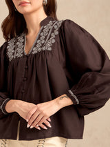 Women's Brown Casual Geometric Full Sleeves Top