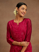 Women's Hot Pink Chanderi Silk Thread Work Straight Kurta