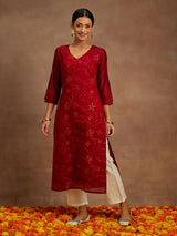Women's Red Chanderi Silk Thread Work Straight Kurta