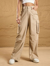 Women's Beige Casual Solid Straight Fit Cargos