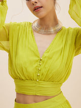 Women's Lime Green Crop Top With Accordion Pleated Overlap Assymetric Skirt