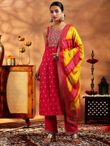 Women's Pink Motif Woven Design Sleeveless Kurta With Solid Trouser and Dupatta