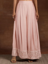 Women's Pink Solid Crop Top With Wide Leg Palazzos and Floral Short Poncho