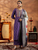 Women's Purple Ethnic Motif Kurta With Solid Trouser and Floral Printed Dupatta