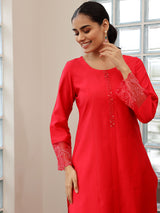 Women's Red Solid Panelled Kurta With Yoke and Solid Trouser With Dupatta