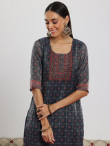Women's Teal Blue Motif Printed Kurta With Lining and Solid Trouser With Dupatta