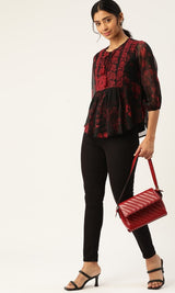 Women's Black Floral Print Tie-Up Neck Top