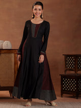 Women's Black Self Design Panelled a-line Kurta With Lining and Solid Trouser