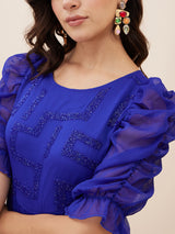 Women's Cobalt Blue Embellished Puff Sleeves Chiffon Fit and Flare Maxi Dress