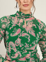 Women's Green Floral Printed Chiffon High Neck Fit & Flare Midi Dress