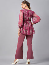 Women's Onion Pink Floral Printed V-Neck Tunic With Trousers