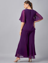 Women's Purple Sequin Embroide Top With Palazzo Co-ords Set