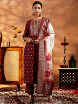 Women's Brown Ethnic Motif Kurta With Solid Trouser and Floral Printed Dupatta