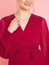 Women's Red Embellished Bell Sleeve Laye Chiffon Fit & Flare Party Dress