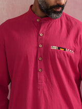 Men's Pink Festive Solid Regular Fit Full Sleeves Kurta